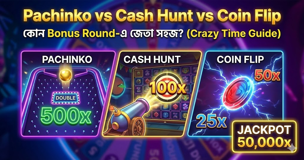 Crazy Time গেমের Pachinko, Cash Hunt এবং Coin Flip Bonus Rounds-এর তুলনামূলক বিশ্লেষণ ব্যানার।